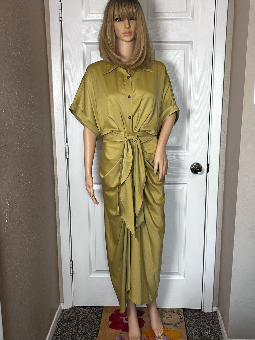 MARBLE Olive Green Tie-Front Shirt Dress
